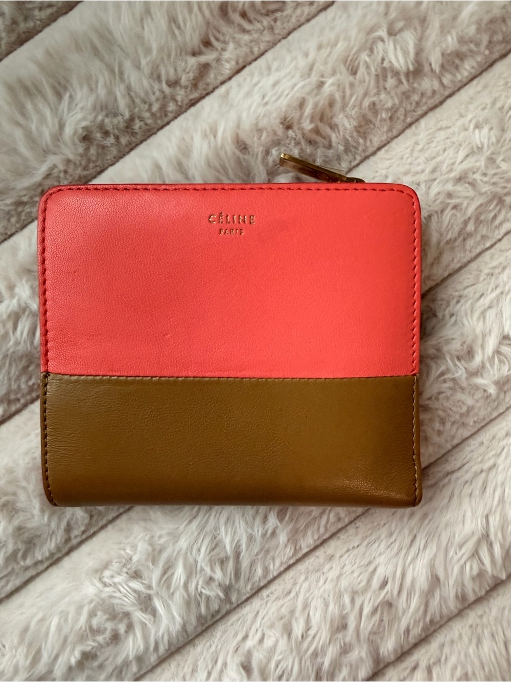 Celine Coral and Brown Bi-Color Leather Zip Wallet